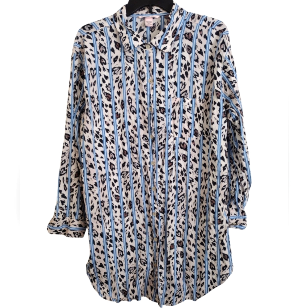 Victoria's Secret Striped Leopard Print Button-Up Night Shirt Size Large